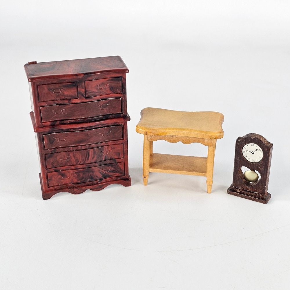 Vintage Renwal Plastic Dresser Wooden Table and Clock Dollhouse Furniture Set